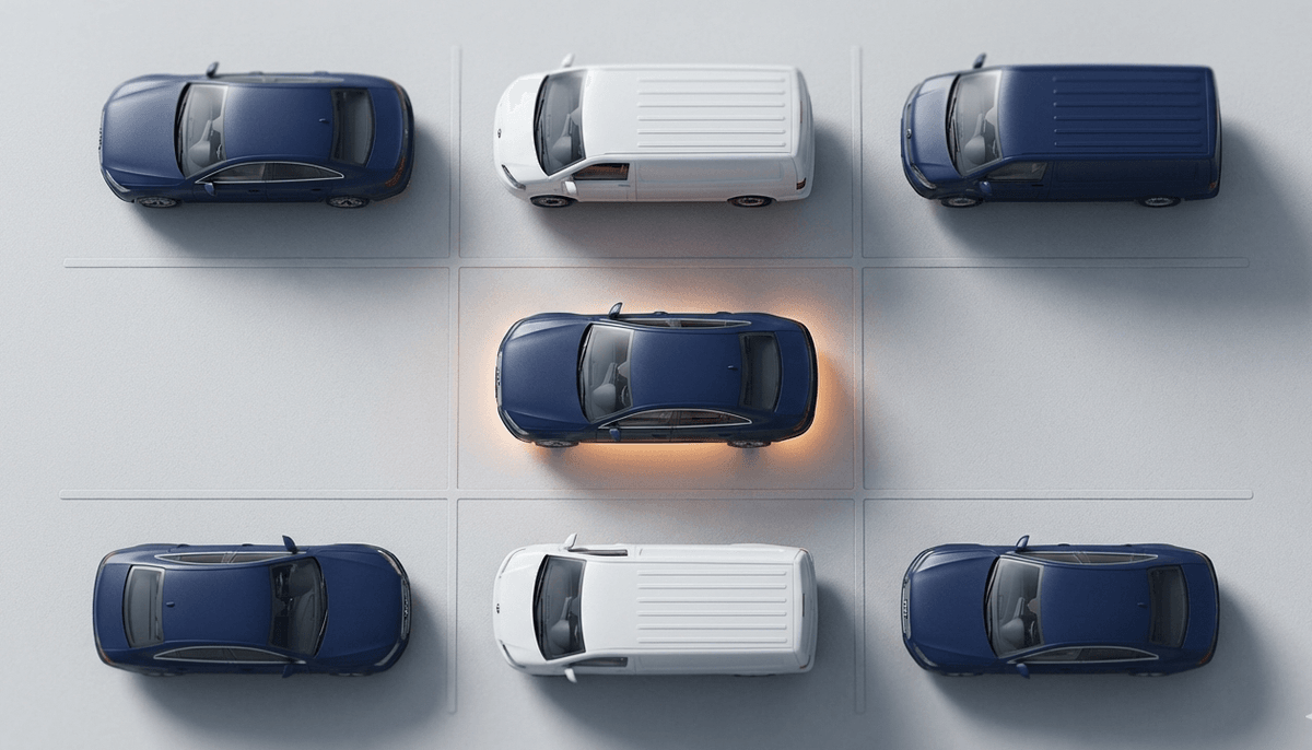 Fleet grid from above - organized vehicle cards in isometric view Fleet vehicle management